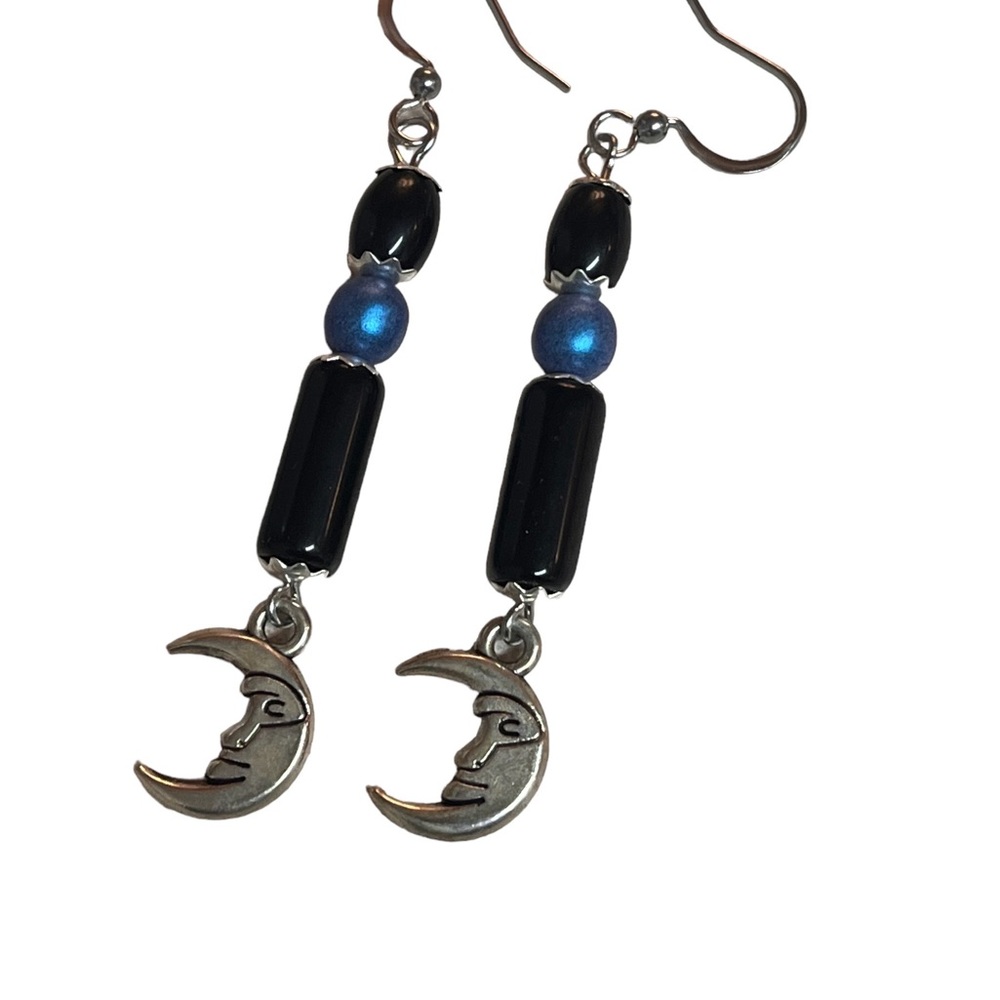 Handcrafted Obsidian Czech glass moon earrings - Picture 3 of 5
